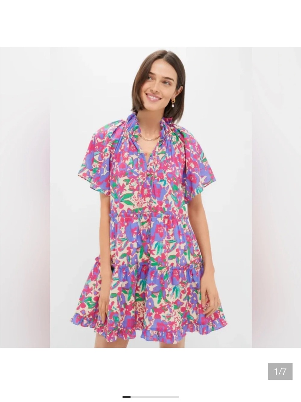 Hyacinth House Thea Mini Dress XS Magenta Multi Floral Tiered Cotton